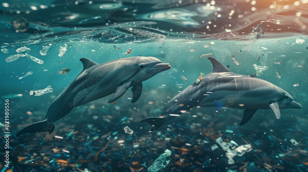 Fototapeta premium An ocean filled with microplastics and plastic waste. 3D illustration.