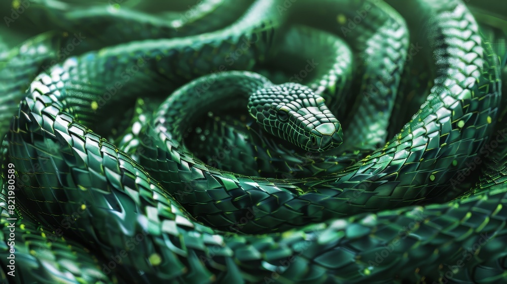 Fototapeta premium Three tangled snakes with metallic green scales on a fantasy background. Image rendered in 3D.