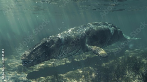 Mosasaurus is swimming in shallow waters toward you. This aquatic reptile lived during the Cretaceous period.