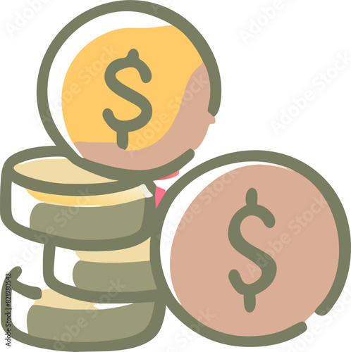 dollars and gold coins are piling up wealth and bank icon, icon doodle offset fill