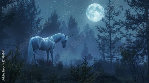 Moonlight forest unicorn in a fairytale world - 3D rendering