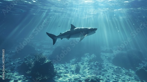 This 3D rendering shows a predatory great white shark swimming in the coral reef shallows below the water line, closing in on its prey. photo