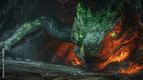 A huge medieval dragon with glowing green eyes and flames in a dark cave. Mythical creature. Concept art of a dragon head in the Gothic style. 3D illustration of the game location for the final boss.