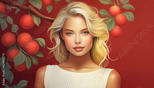 portrait of a blonde woman wearing a red dress on a red background and apple