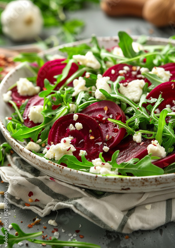 Beet and arugula salad with feta cheese and spices