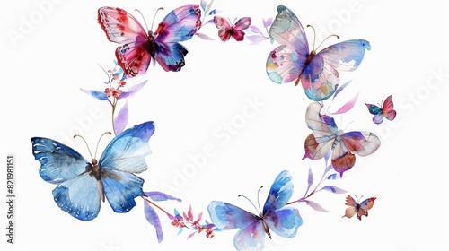 Isolated watercolor butterflies wreath on white background. Excellent for wedding stationery  invitations  postcards  and wedding stationery.