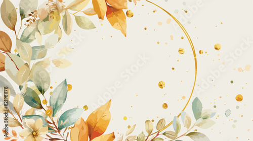 Watercolor leaves wreath with golden circles for background