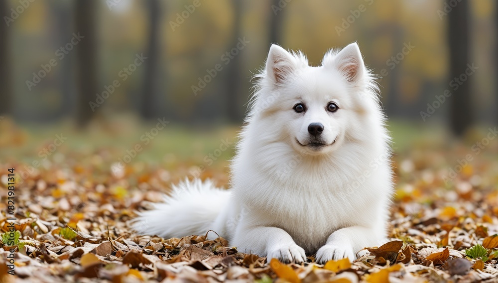 Japanese Spitz dog sitting in the autumn forest