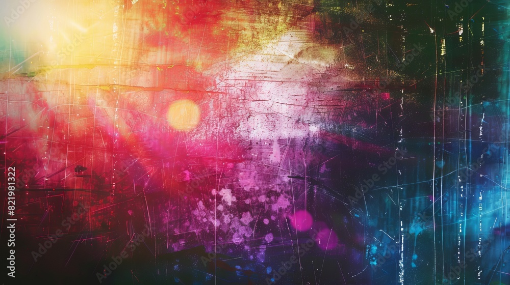 With a rainbow leak effect, this film distressed background evokes a grunge like roadside. It has noise, scratches, and prism lens flares. With a rainbow leak effect, this film distressed background evokes a grunge like roadside. It has noise, scratches, and prism lens flares.