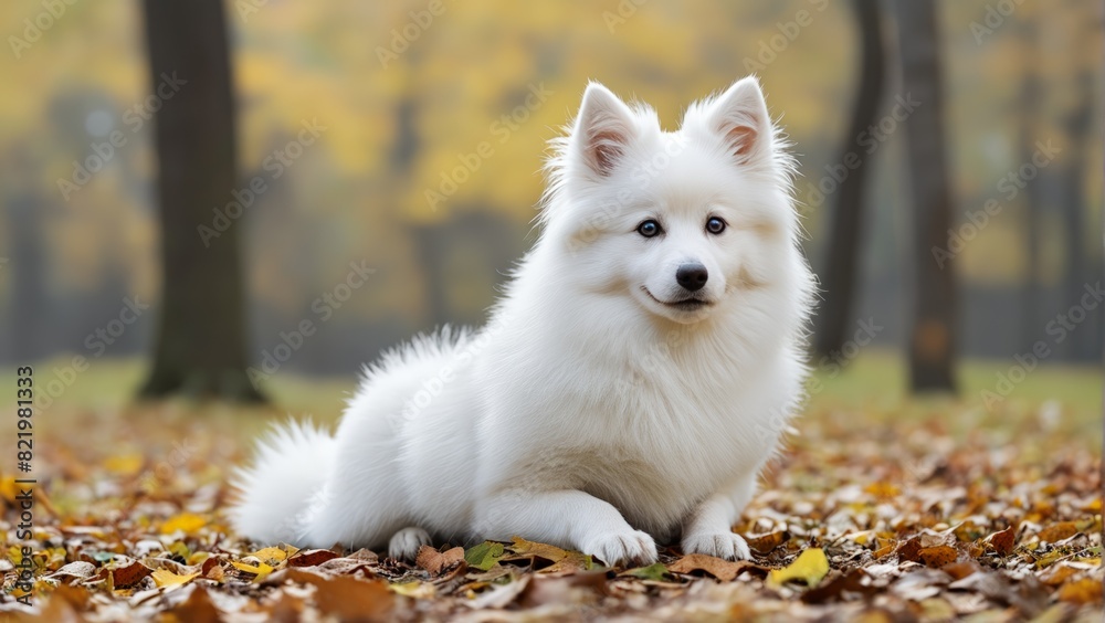 Japanese Spitz dog sitting in the autumn forest