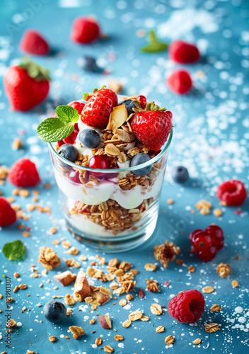 Fresh berry yogurt parfait with granola on blue background
