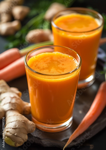 Fresh carrot ginger juice with turmeric in glass cups