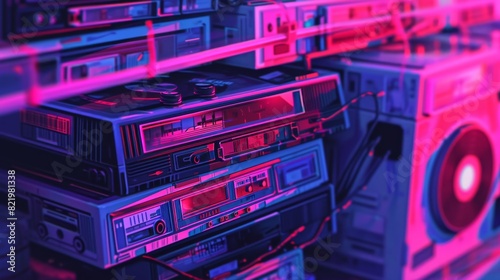 A vibrant, retro-futuristic scene of various cassette players and boomboxes illuminated in neon colors, showcasing a nostalgic yet modern aesthetic. photo