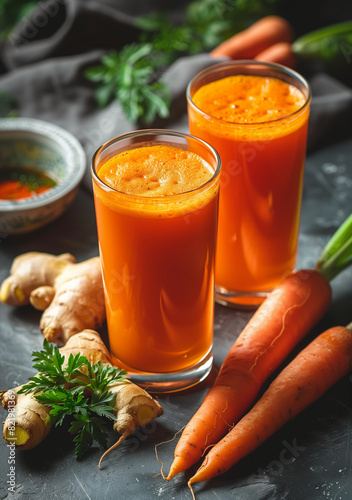 Fresh carrot ginger juice with turmeric and herbs