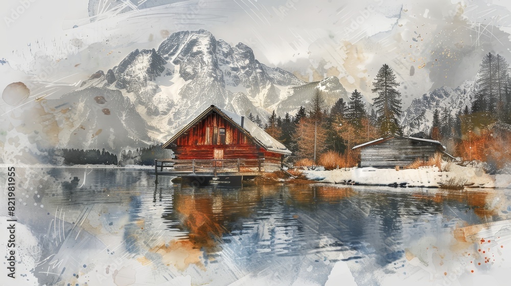 Fototapeta premium The cabin at the edge of the river is surrounded by snow peak mountains, a painting style illustration with grungy brush stroke textures, generated in illustrator