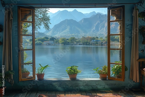 Beautiful view of the lake and mountains from the window