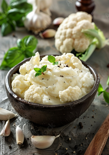 Mashed Cauliflower with Fresh Herbs and Garlic in Rustic Bowl