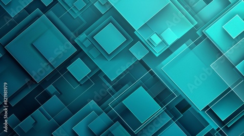 Abstract teal geometric background with layered squares and glossy textures