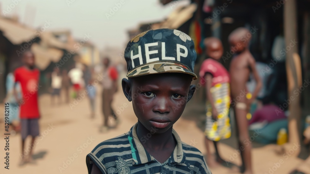 A young African boy wearing a cap marked 'HELP' stands prominently in a bustling village scene, his eyes meeting the camera with a poignant expression. A young African boy wearing a cap marked 'HELP' stands prominently in a bustling village scene, his eyes meeting the camera with a poignant expression.