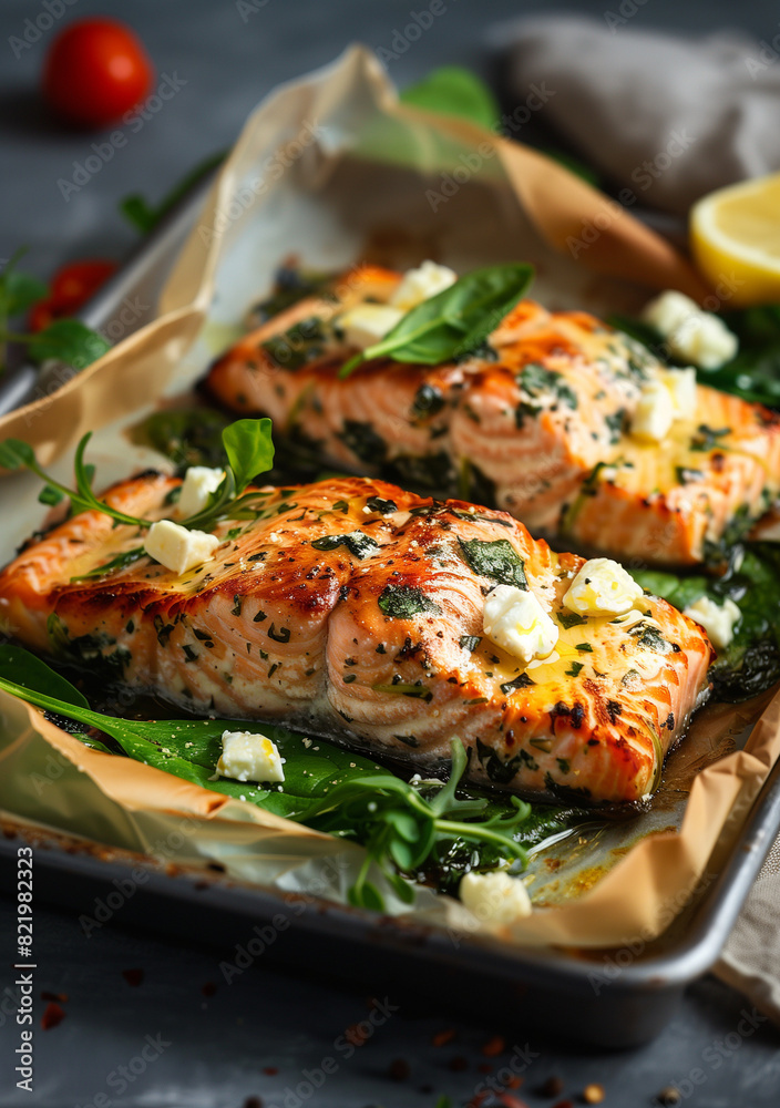 Baked Herb-Crusted Salmon with Spinach and Feta Cheese Baked Herb-Crusted Salmon with Spinach and Feta Cheese