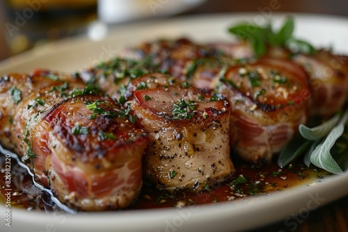 Saltimbocca: Thin slices of veal wrapped in prosciutto, with sage leaves, cooked in a white wine sauce. 