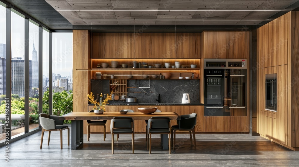 custom made wallpaper toronto digitalAn urban kitchen with a minimalist design and wooden furniture atop a cityscape background. 3D rendering.