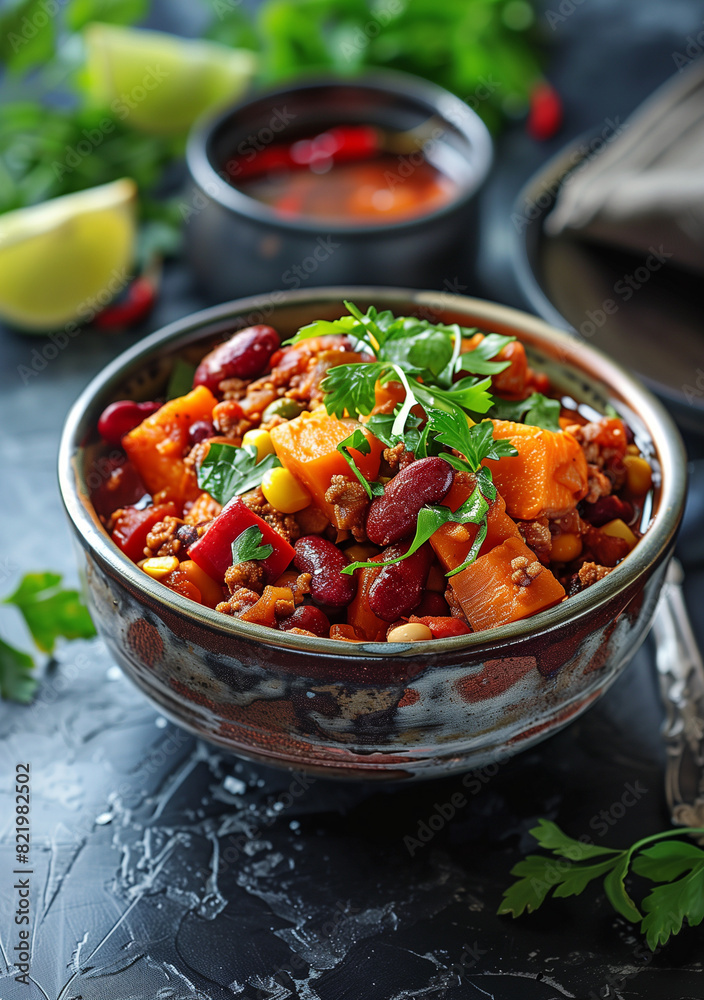 Hearty Vegetable Chili in a Bowl with Fresh Herbs on Dark Background Hearty Vegetable Chili in a Bowl with Fresh Herbs on Dark Background