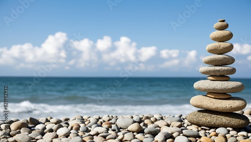 a cairn stands on a rocky beach on the ocean or seashore