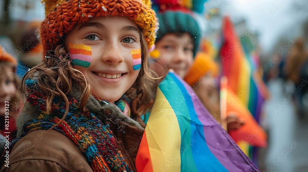 Children with rainbow face paint holding LGBTQ+ flags during a celebration