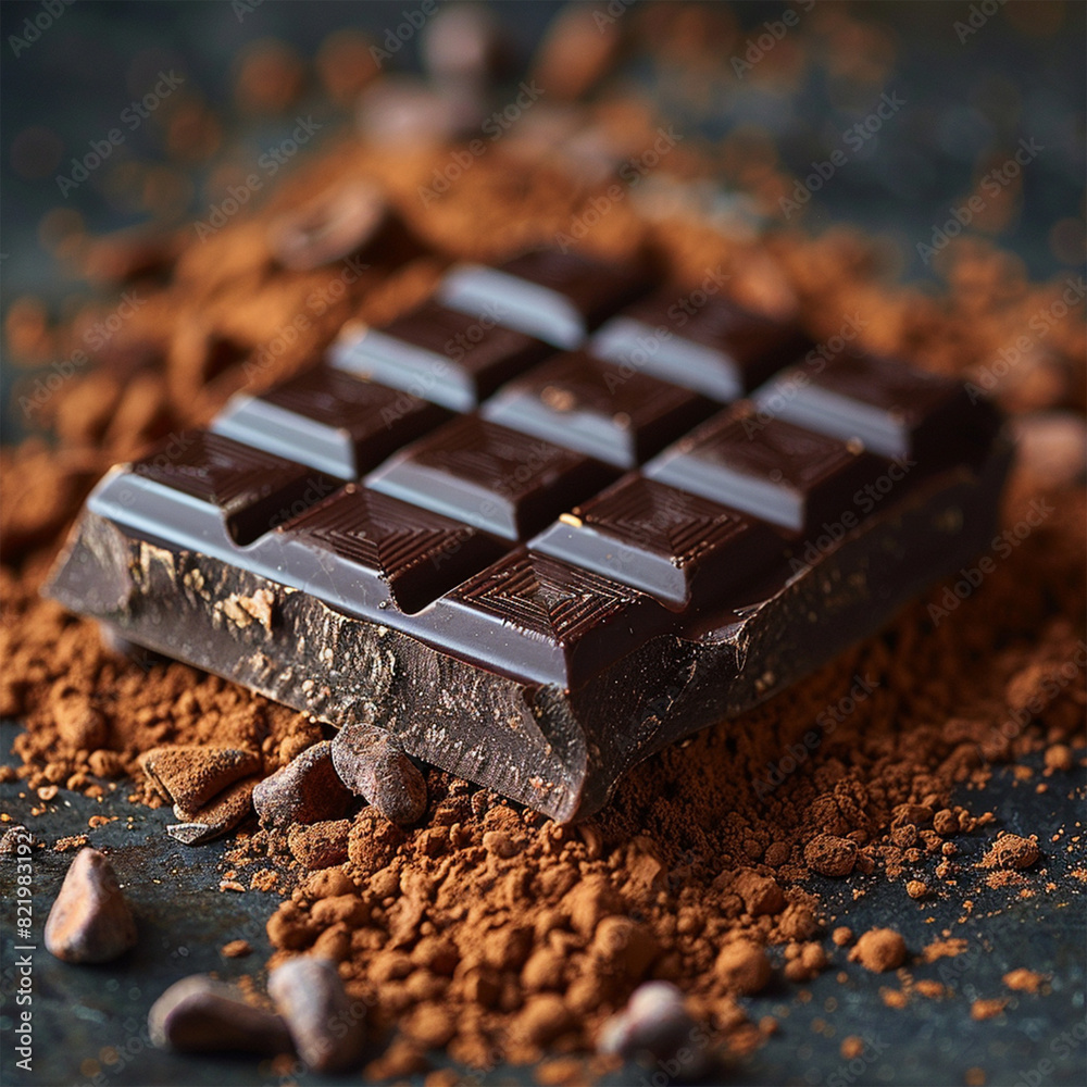 A piece of dark chocolate on cocoa powder. Made with generative ai A piece of dark chocolate on cocoa powder. Made with generative ai