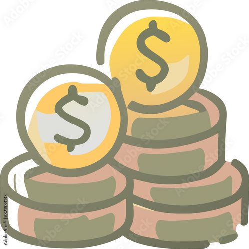 dollars and gold coins are piling up wealth and bank icon, icon doodle offset fill