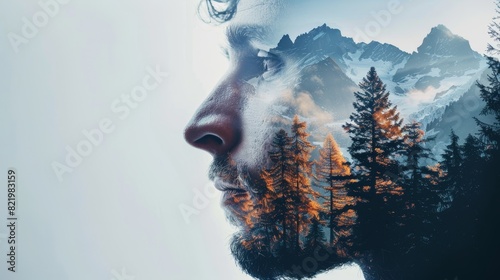This double exposure combines a man's face, high mountains and forest. It conveys the idea of nature and man working together. photo