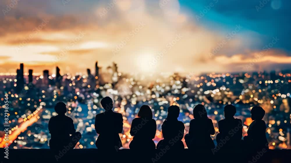 A group of people are sitting on a rooftop, looking out at the city below. The sky is filled with stars and the city lights create a warm and inviting atmosphere A group of people are sitting on a rooftop, looking out at the city below. The sky is filled with stars and the city lights create a warm and inviting atmosphere