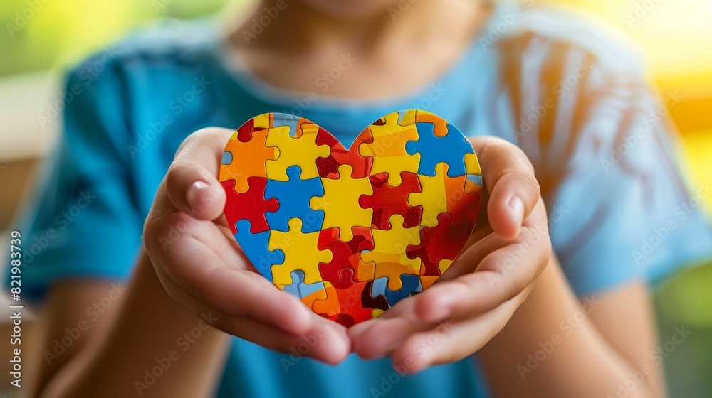 On World Autism Awareness Day, children's hands are seen completing a heart puzzle or jigsaw pattern.