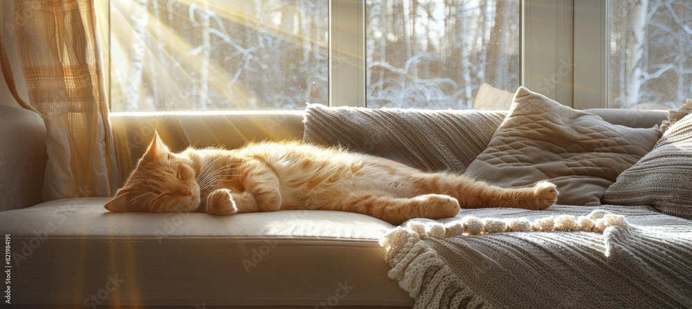 Peaceful cat stretching on windowsill or cozy sofa in a serene and relaxed atmosphere Peaceful cat stretching on windowsill or cozy sofa in a serene and relaxed atmosphere