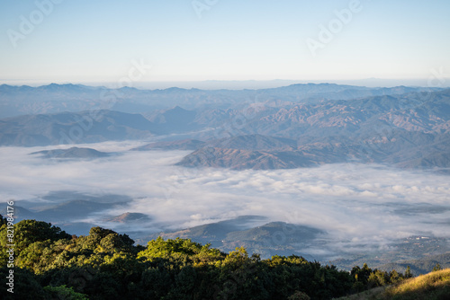  beautiful view of mountain with clouds at sunrise (Doi Inthanon National Park, Chiang Mai), soft focus