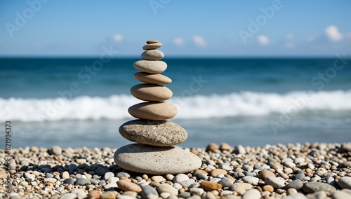 a cairn stands on a rocky beach on the ocean or seashore