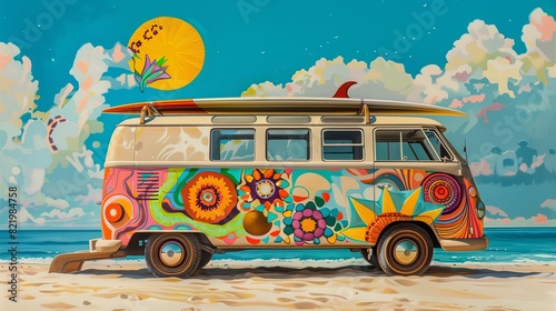 Detail of a colorful van on the beach with a surfboard on the roof. Summer concept of surfing and relaxing on the beach