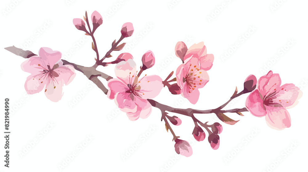 Watercolor pink flower and branch with buds vintage 