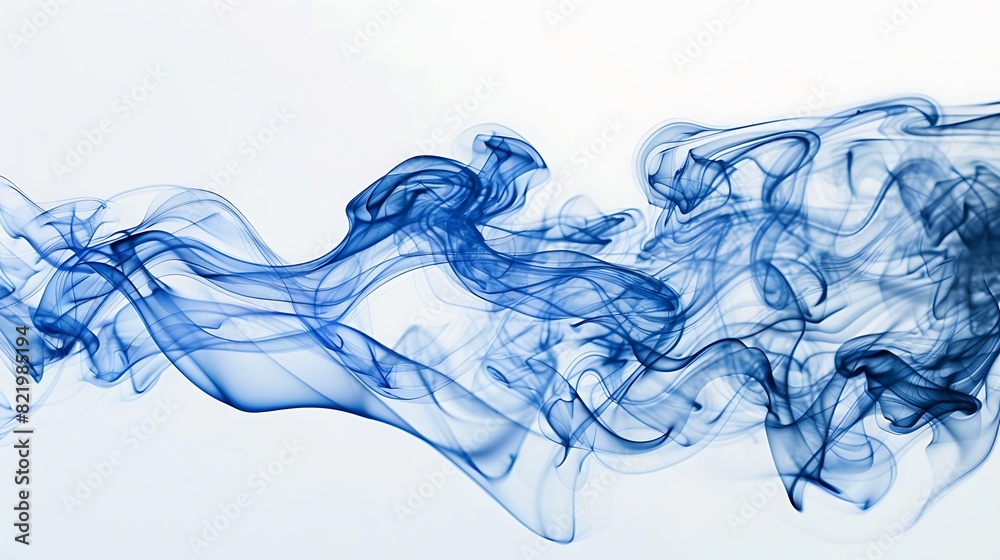 Wisps of vibrant blue smoke gently curling and intertwining on a clean white surface, evoking a sense of mystery and tranquility.
