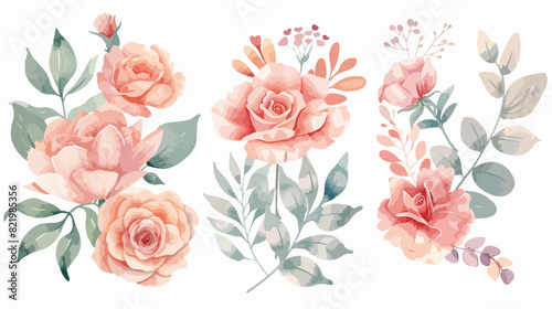 Watercolor pink flower rose floral clip art. Bouquet