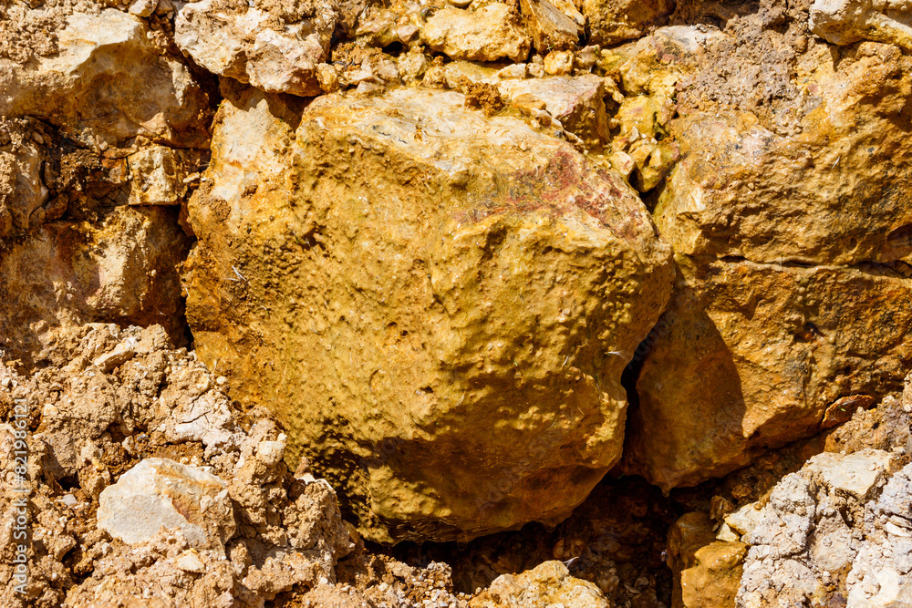 Obraz premium Water comes out of the limestone aquifers and flows down the rocks. Lower Carboniferous period. Kaluga region, Russia