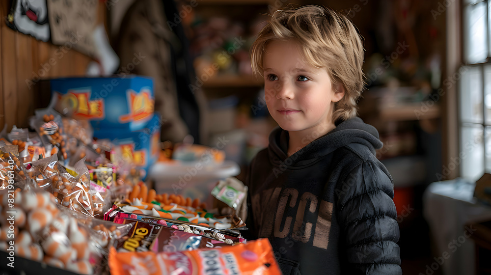 A Halloween candy exchange scene with children trading their treats A Halloween candy exchange scene with children trading their treats