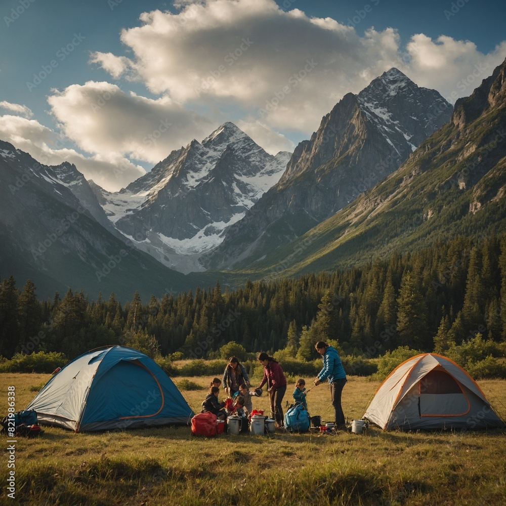 A family setting up a tent at a campsite with towering mountains in the background.

