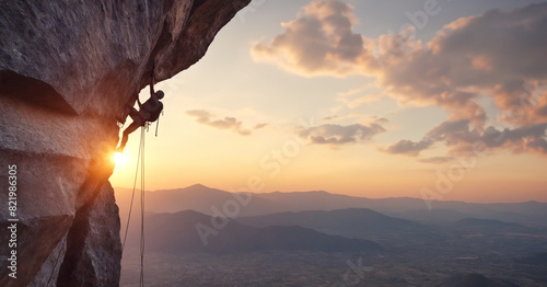 Climber on cliff at sunset