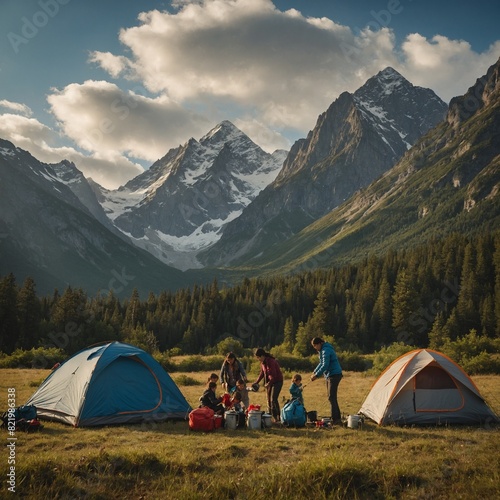 A family setting up a tent at a campsite with towering mountains in the background.