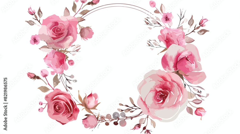 Watercolor pink rose flower wreath with circles for b