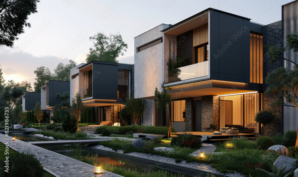 Luxurious modern modular homes nestled in a serene neighborhood with outdoor lighting. Modern Townhouse residential Luxurious modern modular homes nestled in a serene neighborhood with outdoor lighting. Modern Townhouse residential