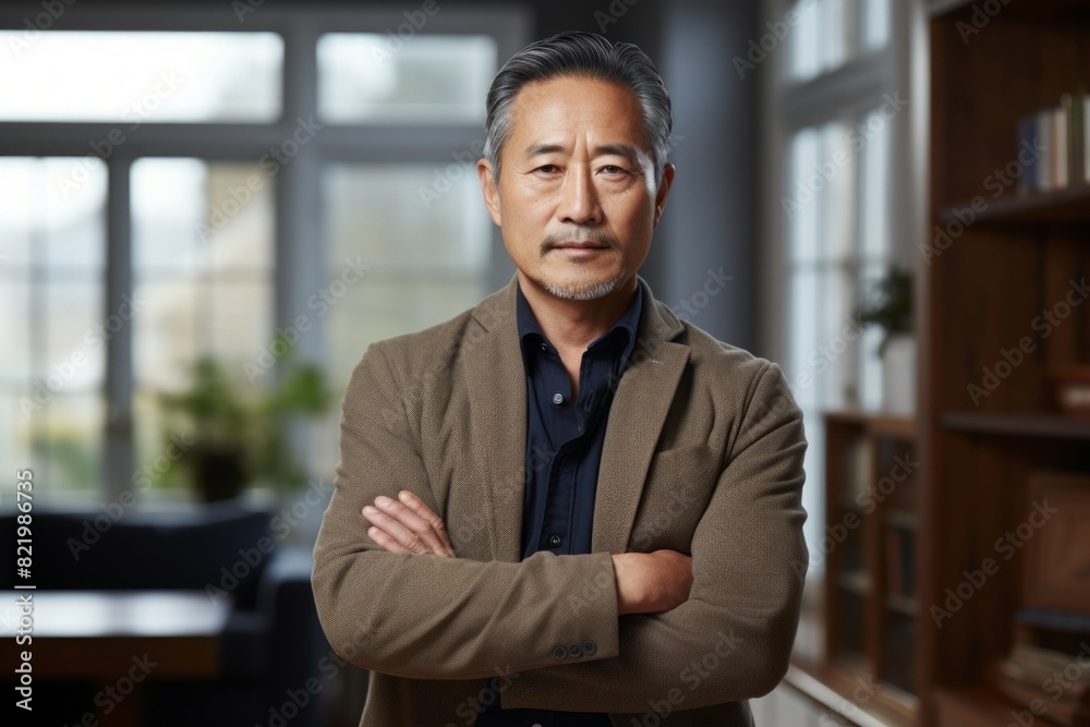 Portrait of a tender asian man in his 50s with arms crossed isolated on scandinavian-style interior background Portrait of a tender asian man in his 50s with arms crossed isolated on scandinavian-style interior background