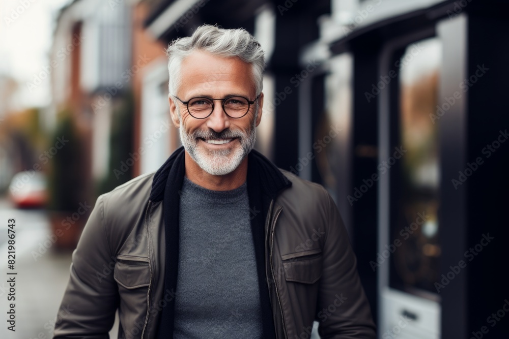 Portrait of a joyful man in his 50s with arms crossed while standing against scandinavian-style interior background Portrait of a joyful man in his 50s with arms crossed while standing against scandinavian-style interior background